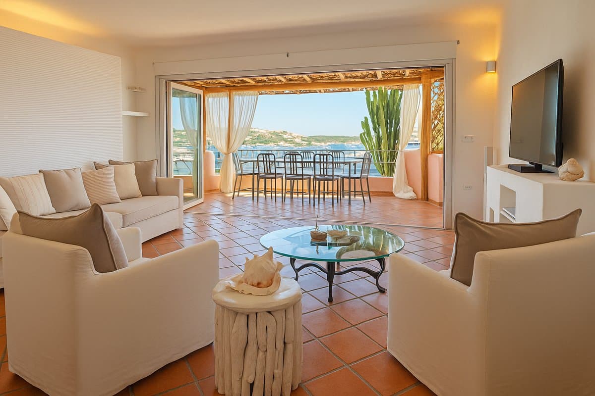 Nestled within the prestigious Condominio Sas Pedras, this four-room apartment available for rent is situated approximately 100 meters from the sea and just moments from the Marina di Porto Cervo. - 4